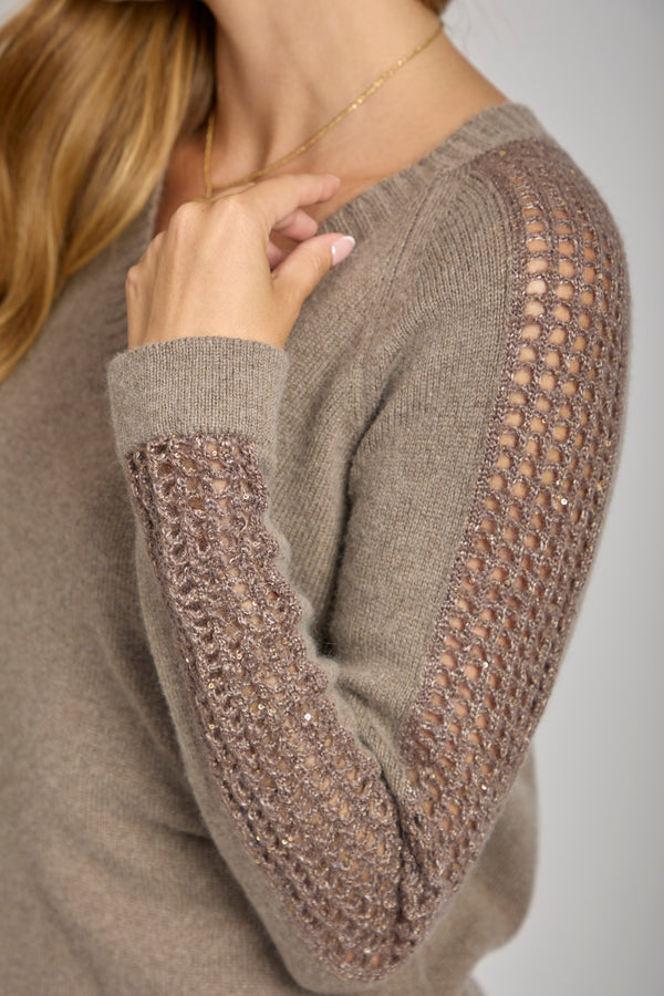 V NECK JUMPER WITH DETAILS- TAUPE