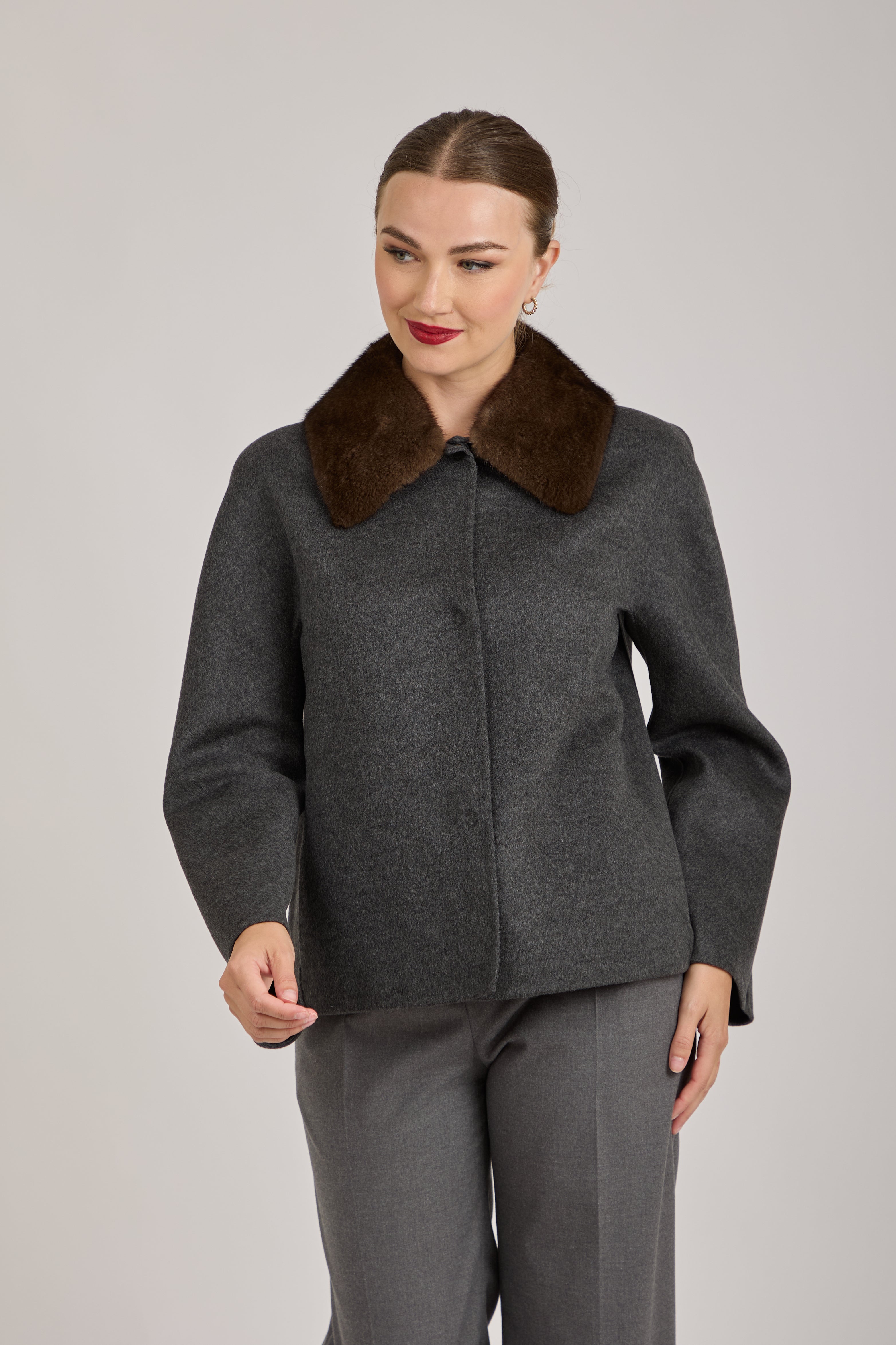 JACKET WITH MINK COLLAR-GREY