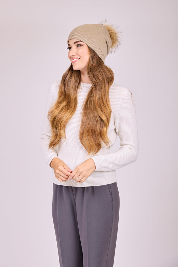 BEANIE POM HAT - LIGHT BEIGE