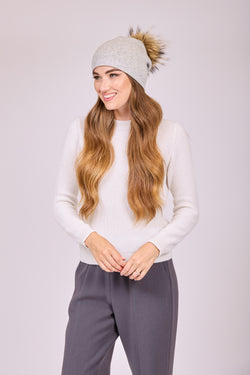 BEANIE POM HAT - LIGHT GREY