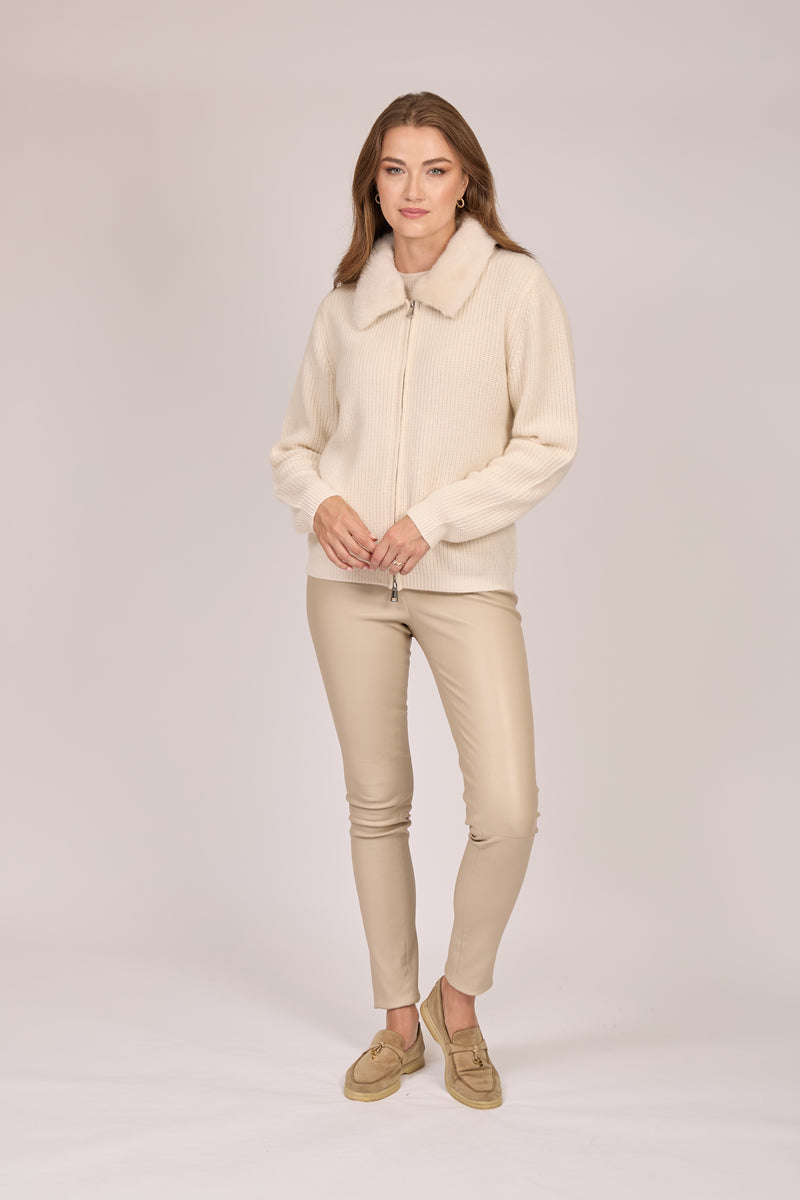 ZIP CARDIGAN WITH MINK COLLAR-CREAM