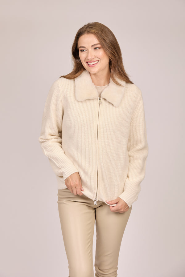 ZIP CARDIGAN WITH MINK COLLAR-CREAM