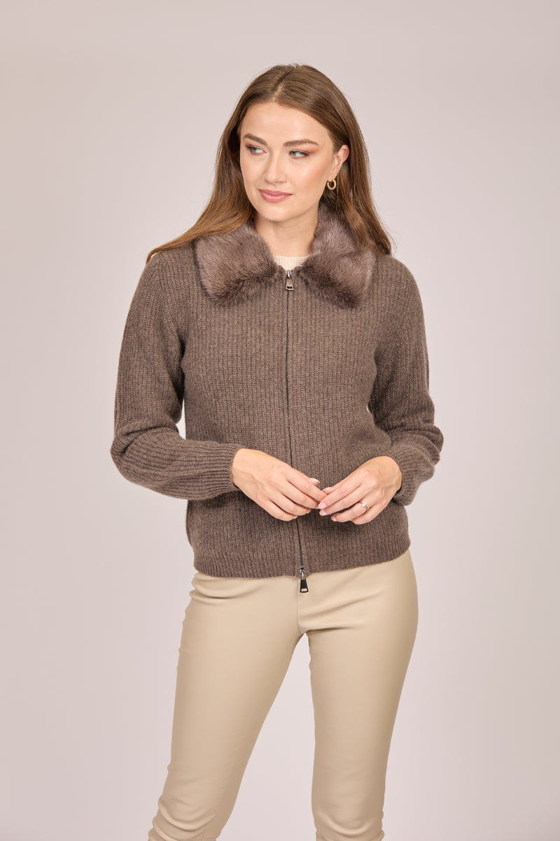 ZIP CARDIGAN WITH MINK COLLAR-TORNADO