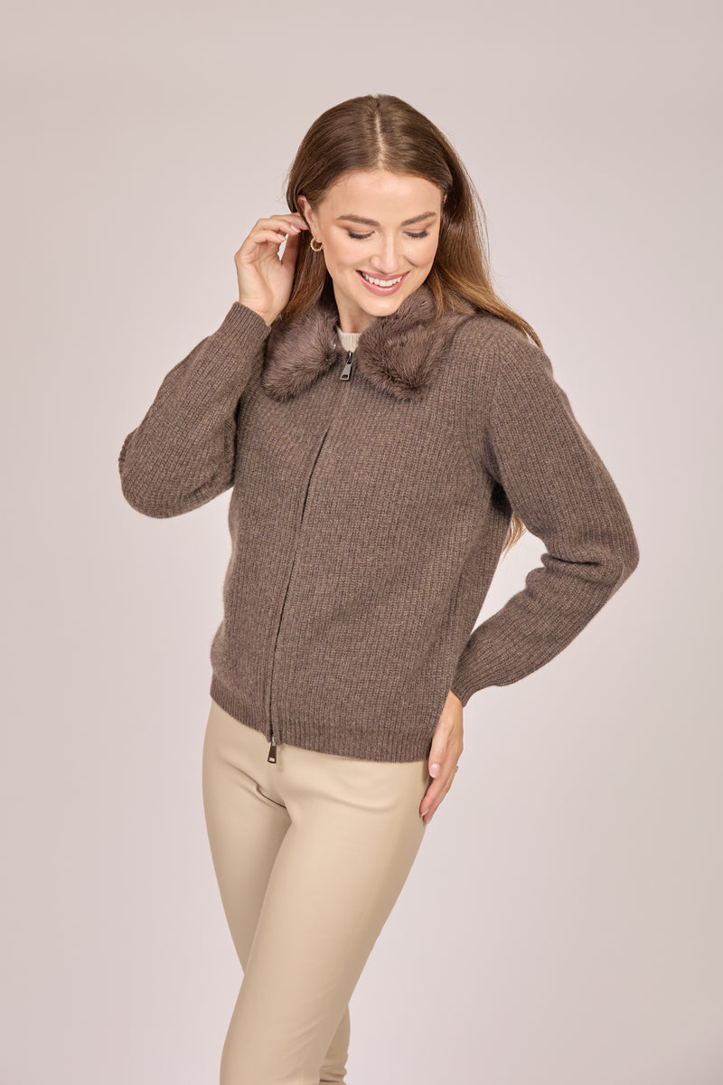 ZIP CARDIGAN WITH MINK COLLAR-TORNADO