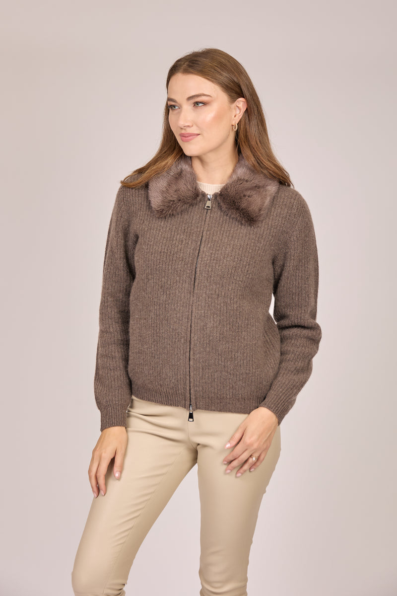 ZIP CARDIGAN WITH MINK COLLAR-TORNADO