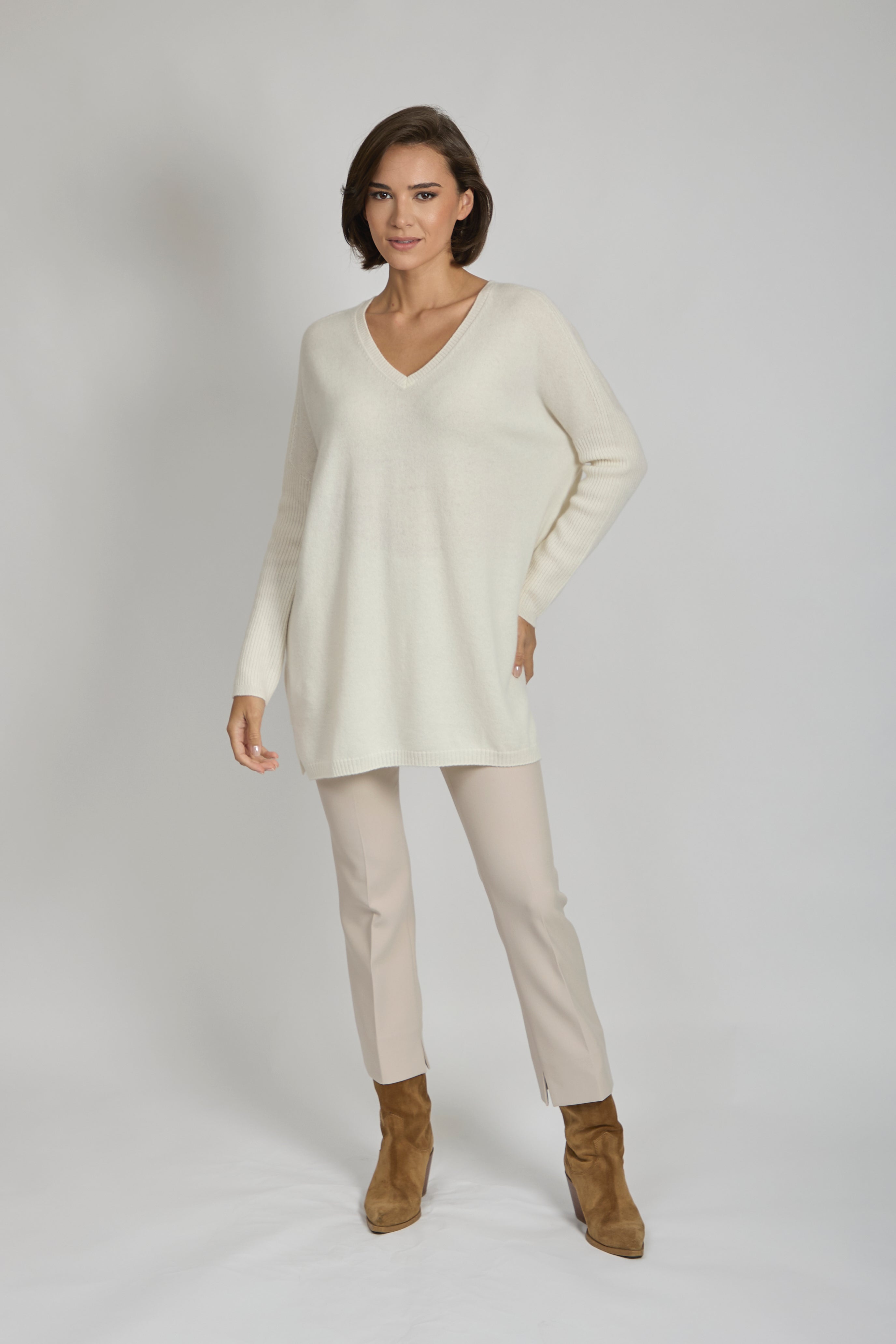 Pull tunique en cachemire crème