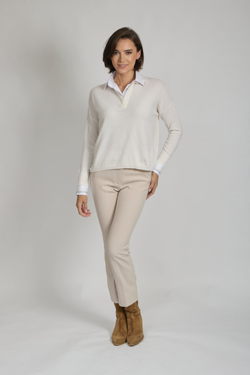 SWEATER WITH COLLAR SHIRT-LATTE