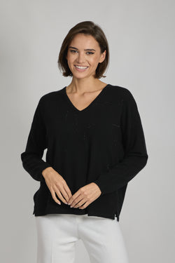 V NECK JUMPER WITH SEQUINS-BLACK