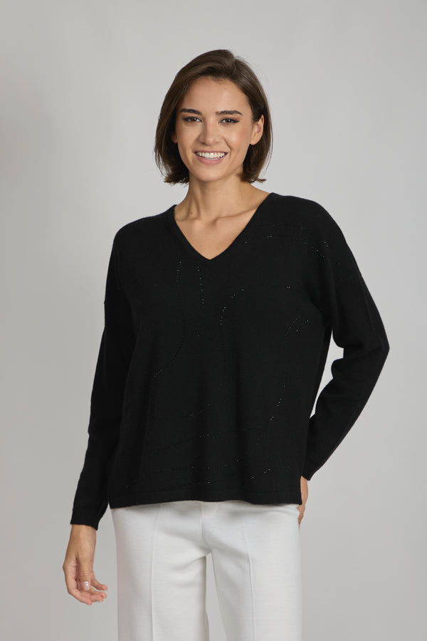 V NECK JUMPER WITH SEQUINS-BLACK
