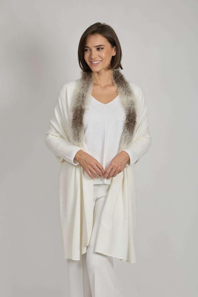 SCARF WITH FUR TRIM - WHITE