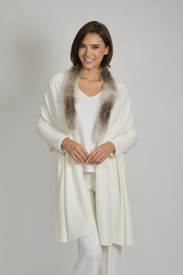 SCARF WITH FUR TRIM - WHITE