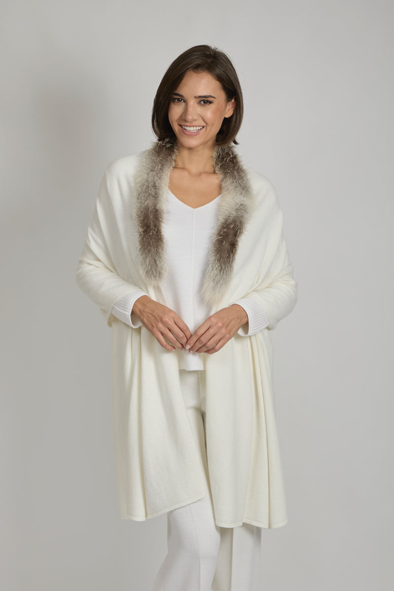 SCARF WITH FUR TRIM - WHITE