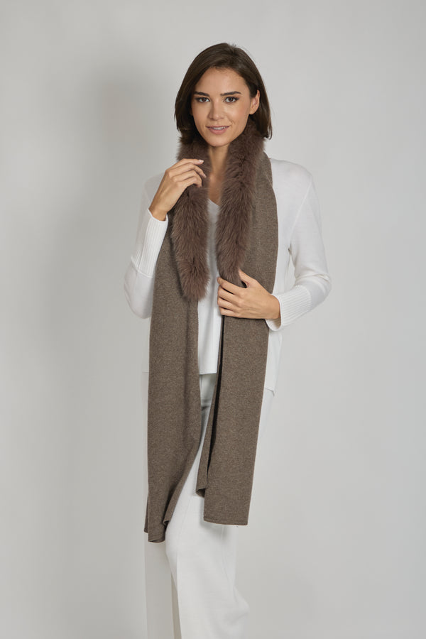 SCARF WITH FUR TRIM - CAPPUCCINO