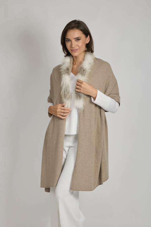 SCARF WITH FUR TRIM - BEIGE