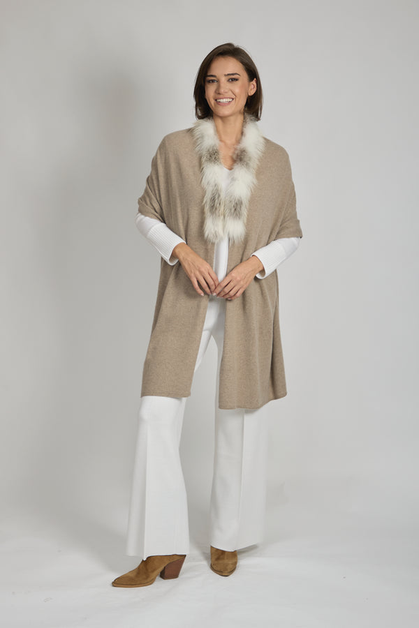 SCARF WITH FUR TRIM - BEIGE