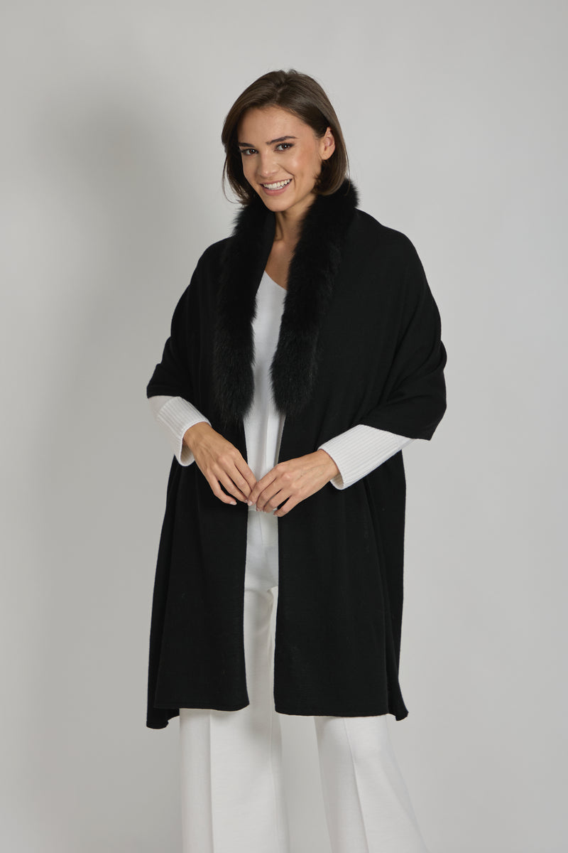 SCARF WITH FUR TRIM - BLACK