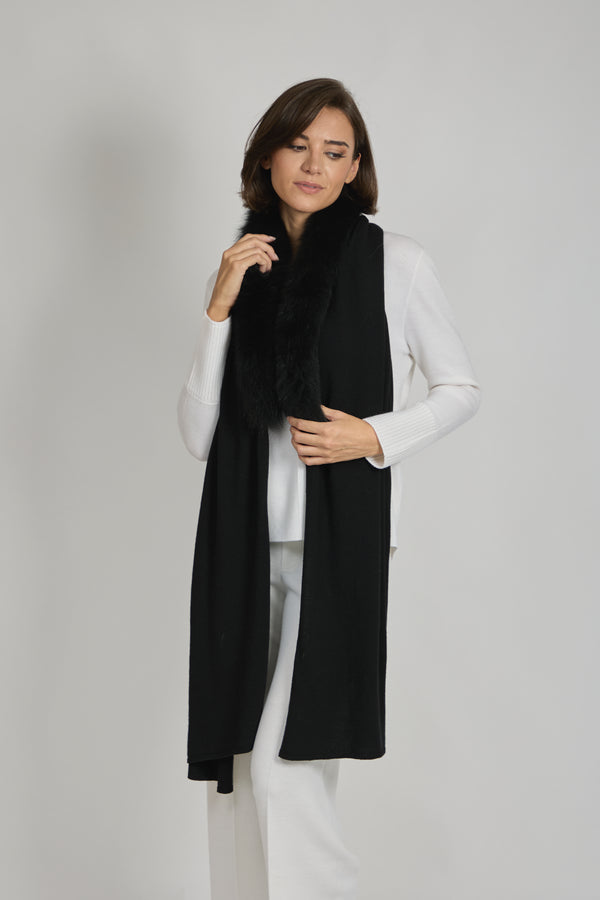 SCARF WITH FUR TRIM - BLACK