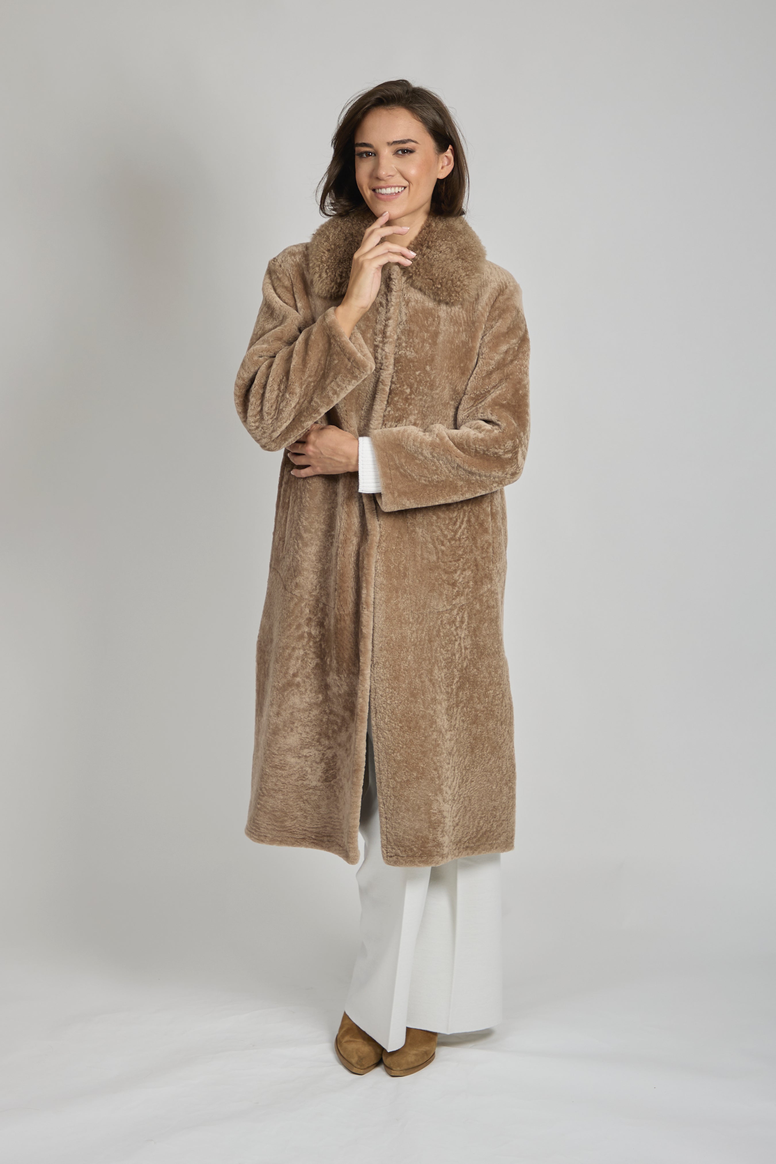 Manteau réversible en peau lainée bouclée - Caramel