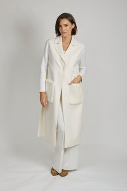 LONG CASHMERE VEST WITH MINK POCKET-MILK