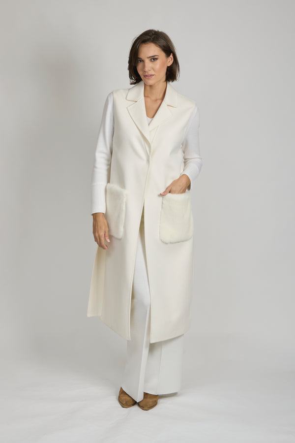 LONG CASHMERE VEST WITH MINK POCKET-MILK