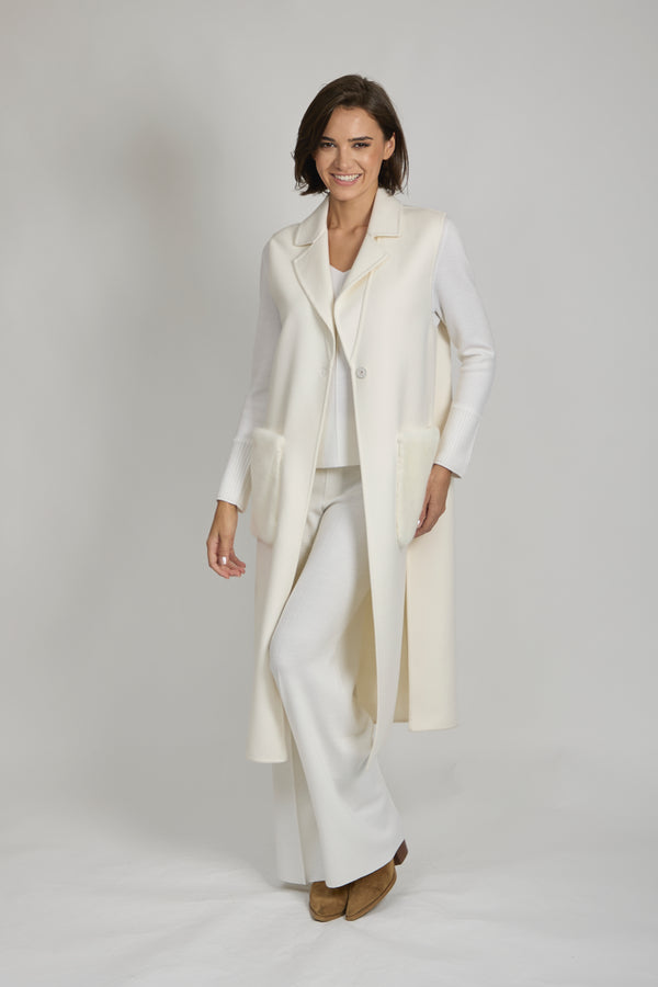LONG CASHMERE VEST WITH MINK POCKET-MILK