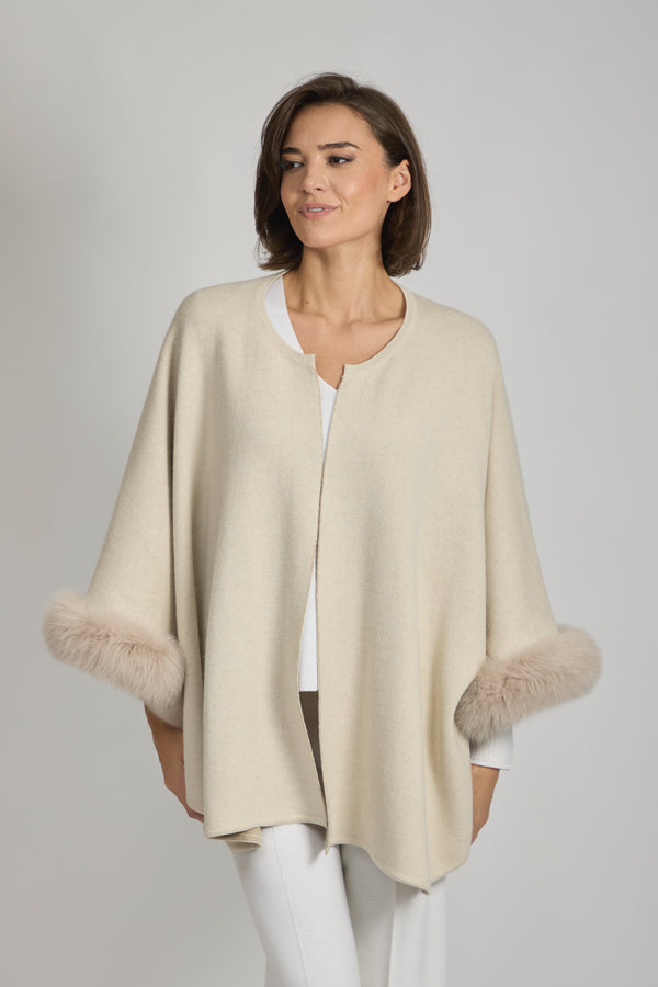 REVERSIBLE CAPE WITH FOX FUR DETAILS-BEIGE