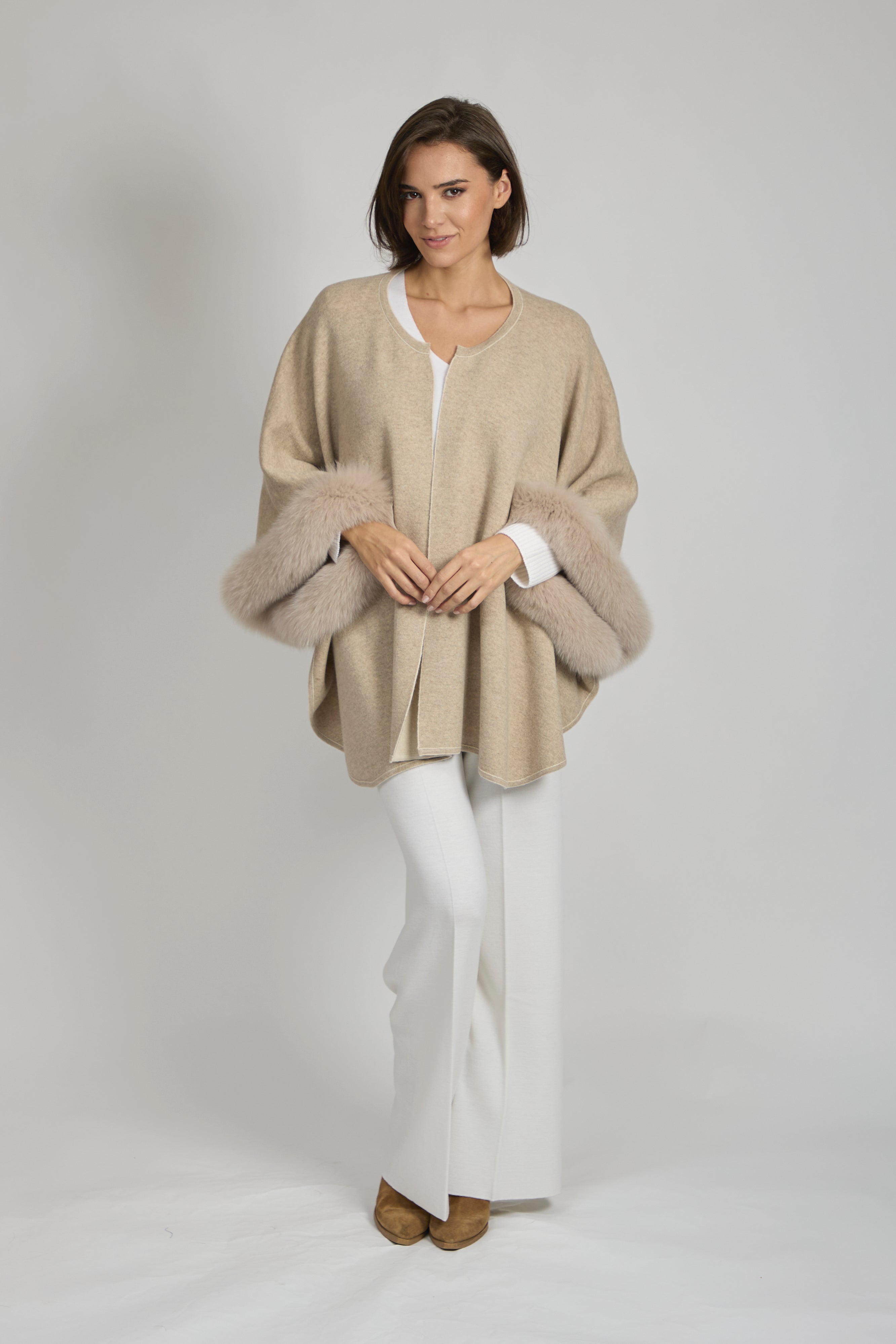 Cape réversible en fourrure de renard - Beige