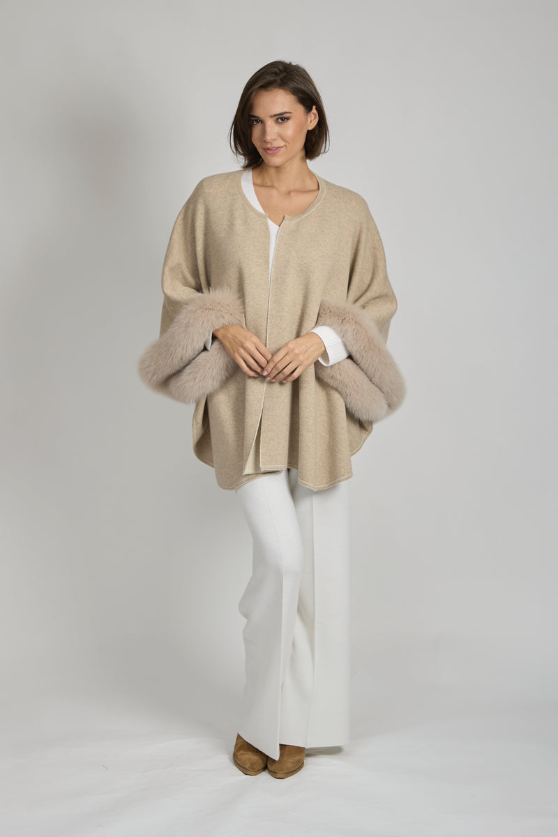 REVERSIBLE CAPE WITH FOX FUR DETAILS-BEIGE