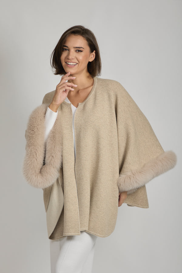 REVERSIBLE CAPE WITH FOX FUR DETAILS-BEIGE