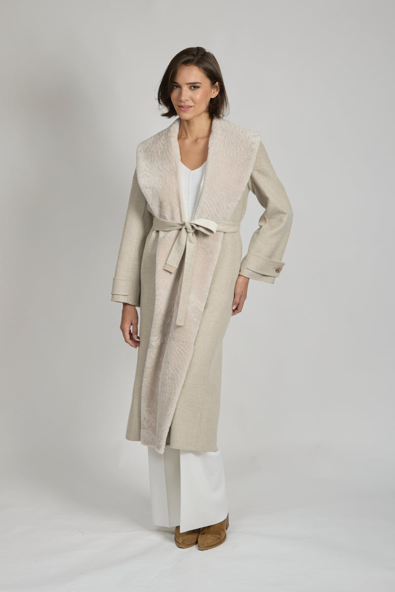 LONG COAT WITH SHEARLING TRIM-ANGORA