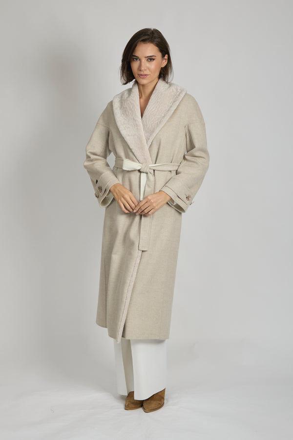 LONG COAT WITH SHEARLING TRIM-ANGORA