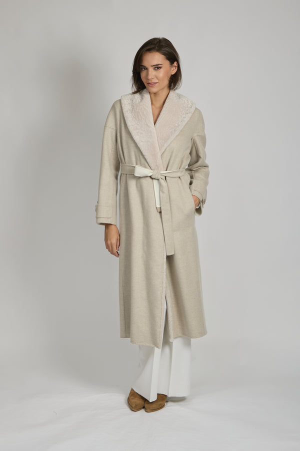 LONG COAT WITH SHEARLING TRIM-ANGORA