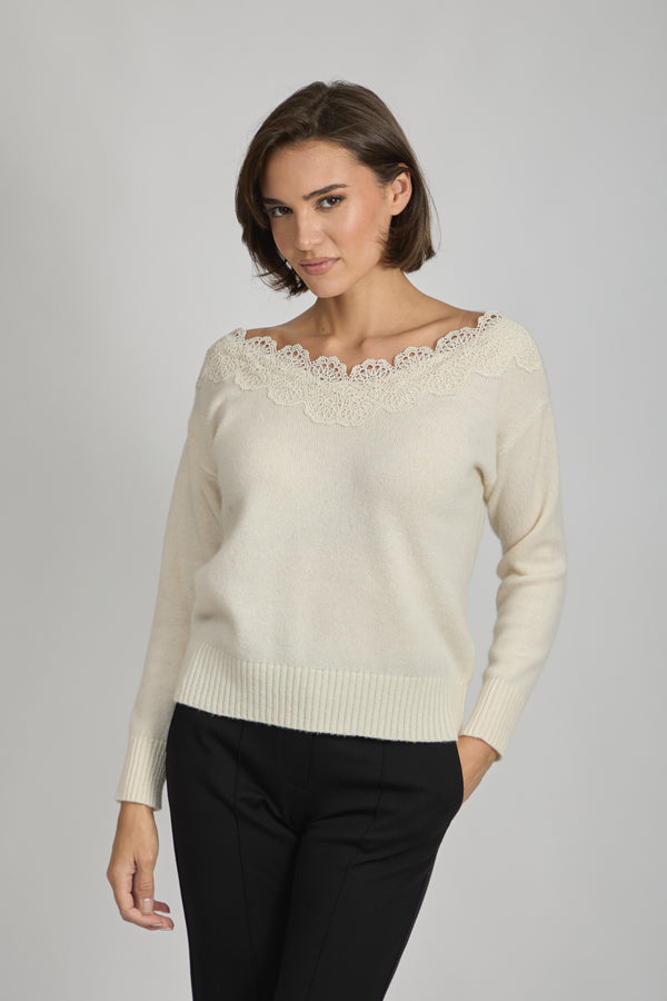 BOAT NECK SWEATER WITH LACE - LATTE
