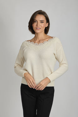 BOAT NECK SWEATER WITH LACE - LATTE