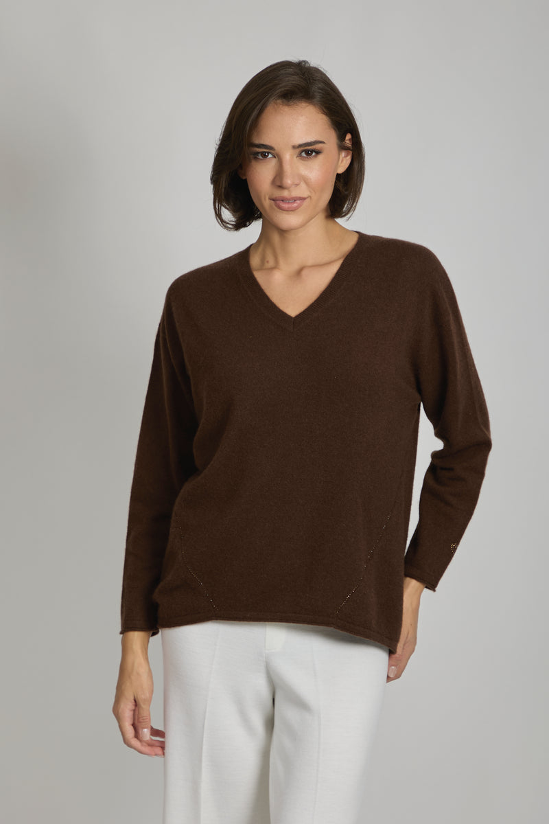 V NECK JUMPER WITH SEQUINS -ESPRESSO