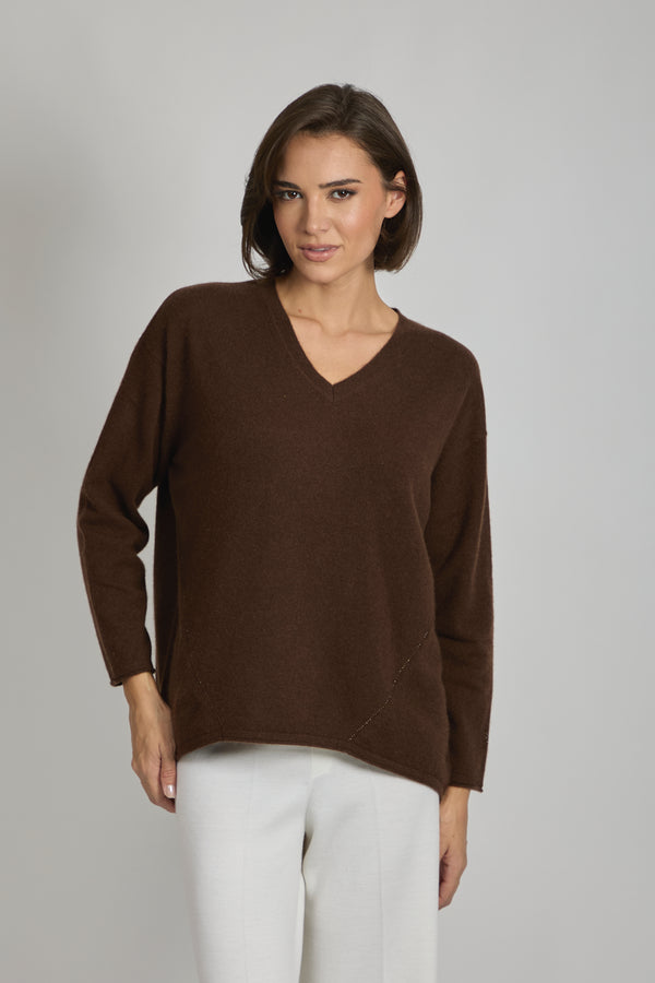 V NECK JUMPER WITH SEQUINS -ESPRESSO