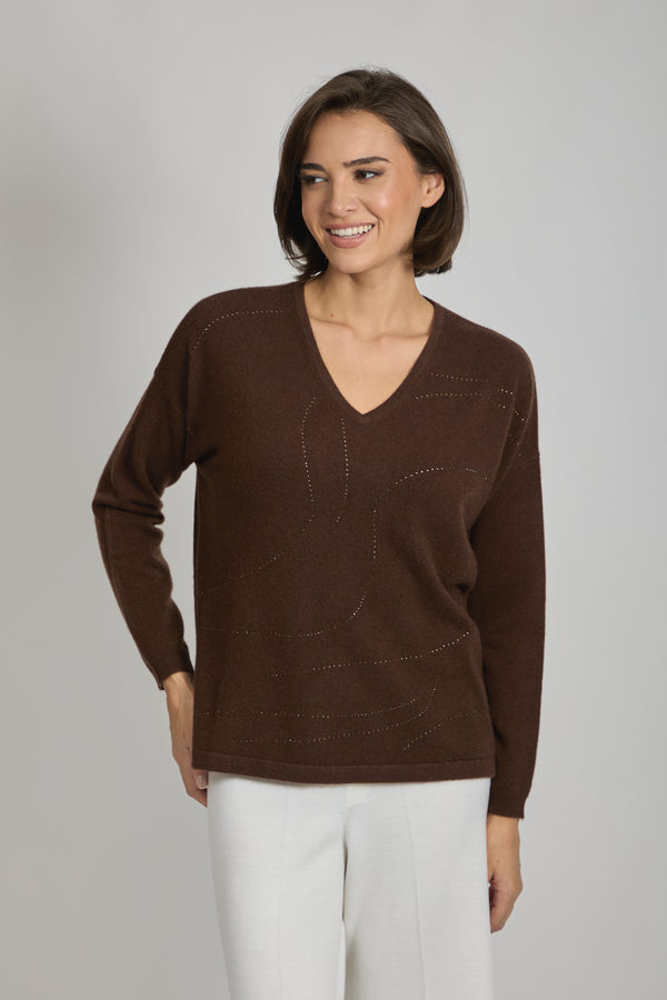 V NECK JUMPER WITH SEQUINS-ESPRESSO