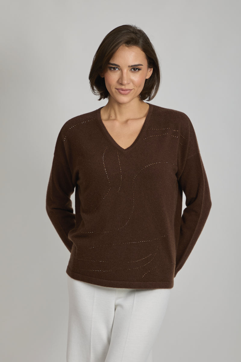 V NECK JUMPER WITH SEQUINS-ESPRESSO