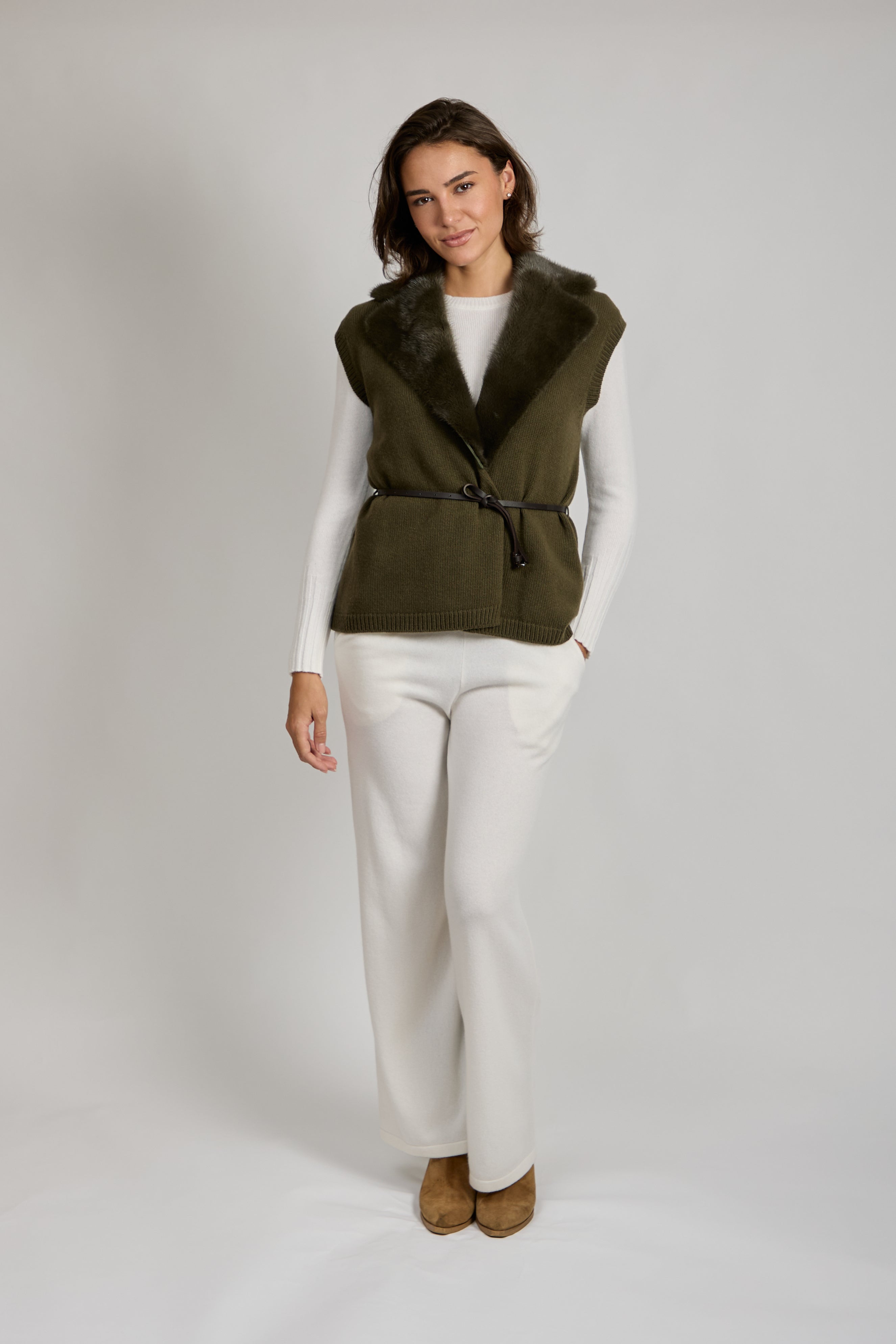 CASHMERE VEST WITH MINK COLLAR-OLIVE