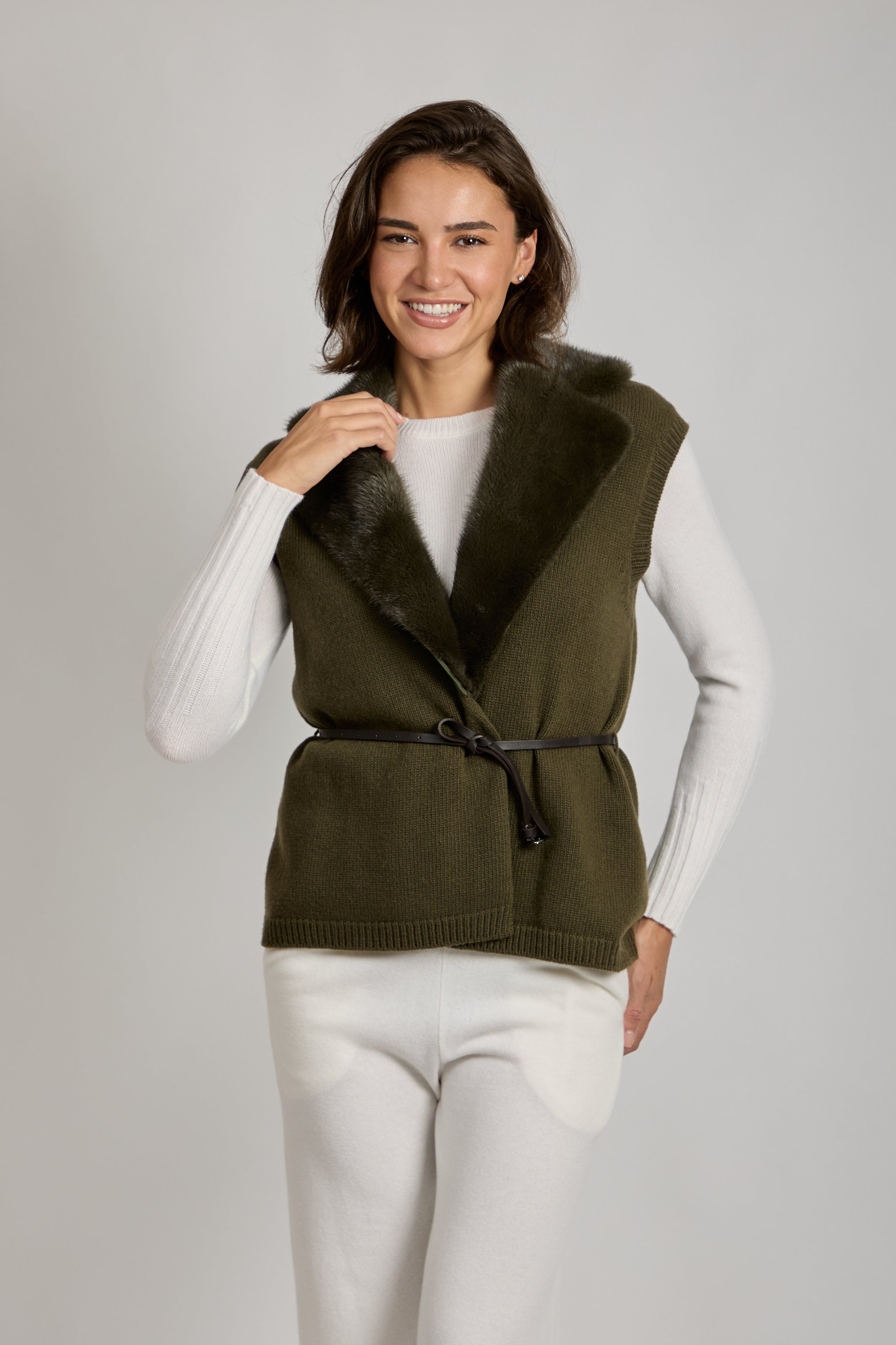 CASHMERE VEST WITH MINK COLLAR-OLIVE