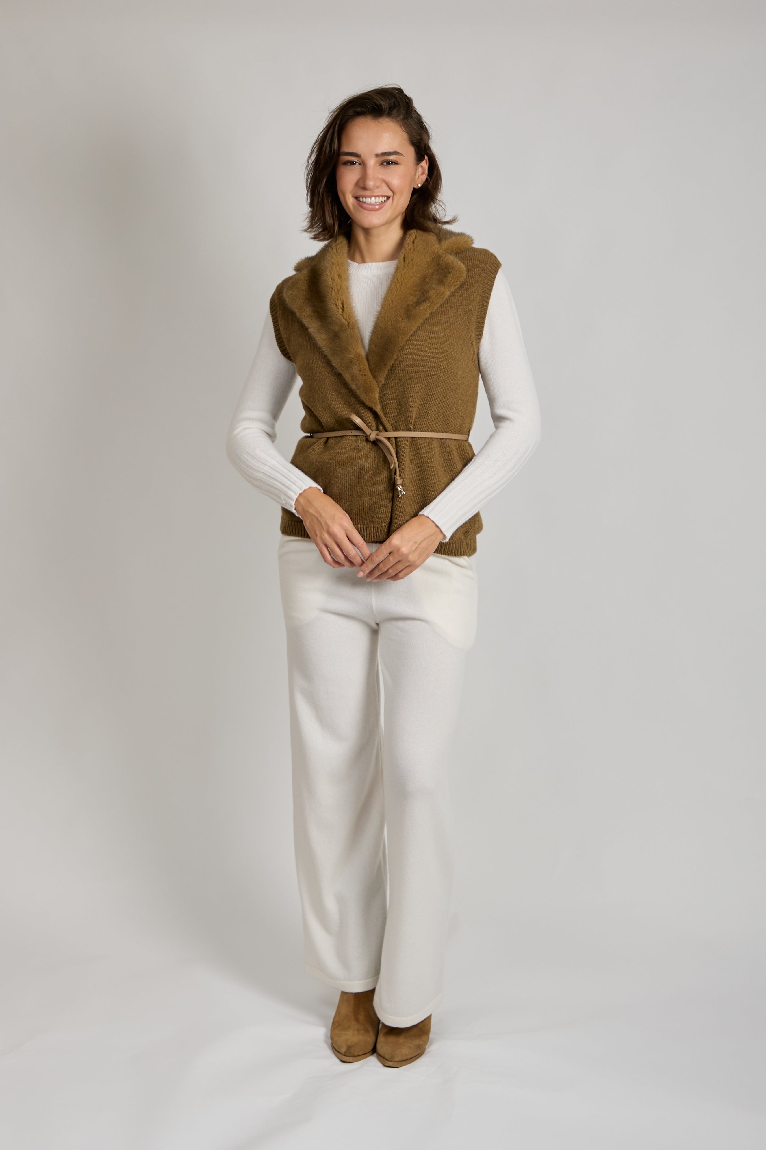 CASHMERE VEST WITH MINK COLLAR-BRONZE