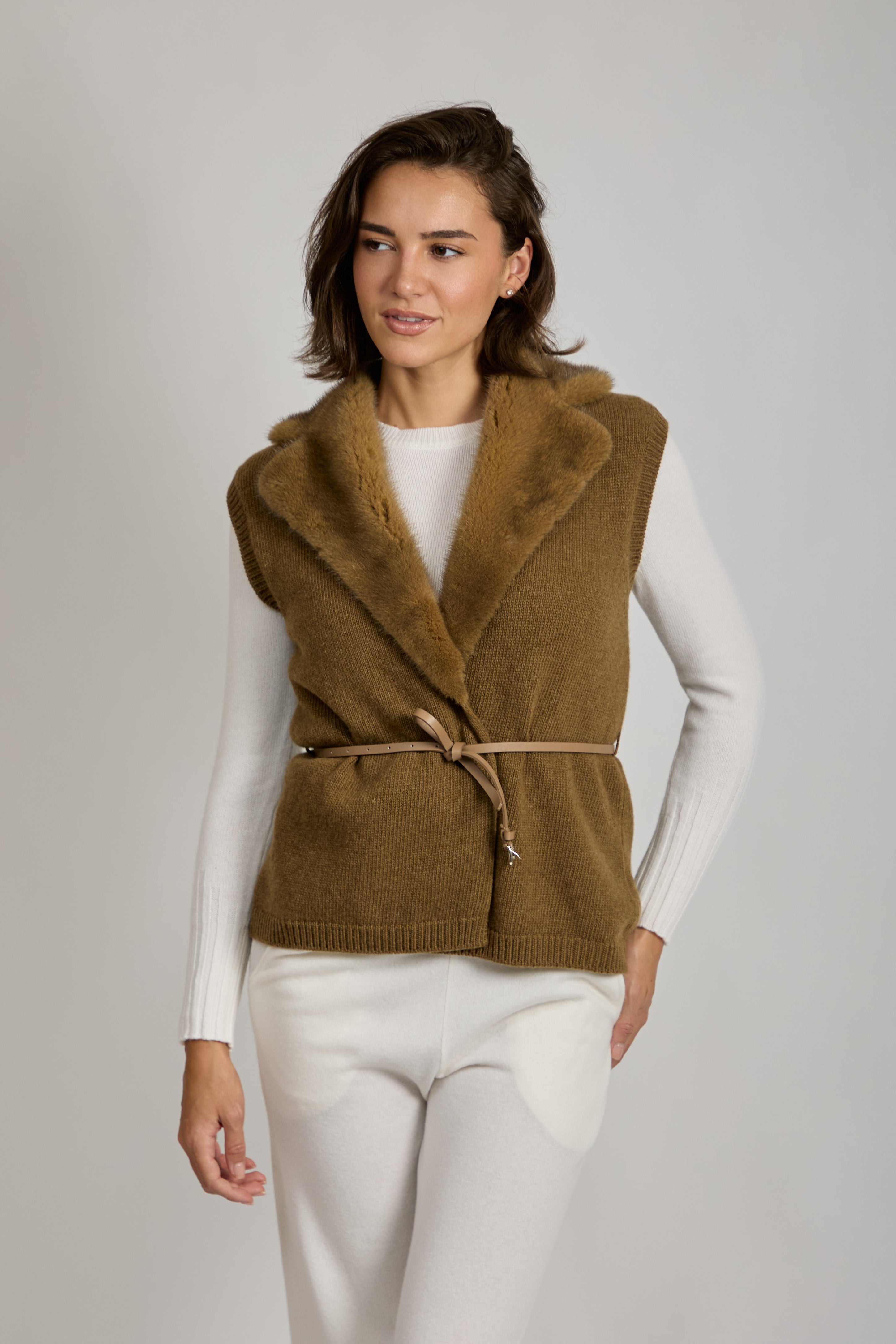 CASHMERE VEST WITH MINK COLLAR-BRONZE