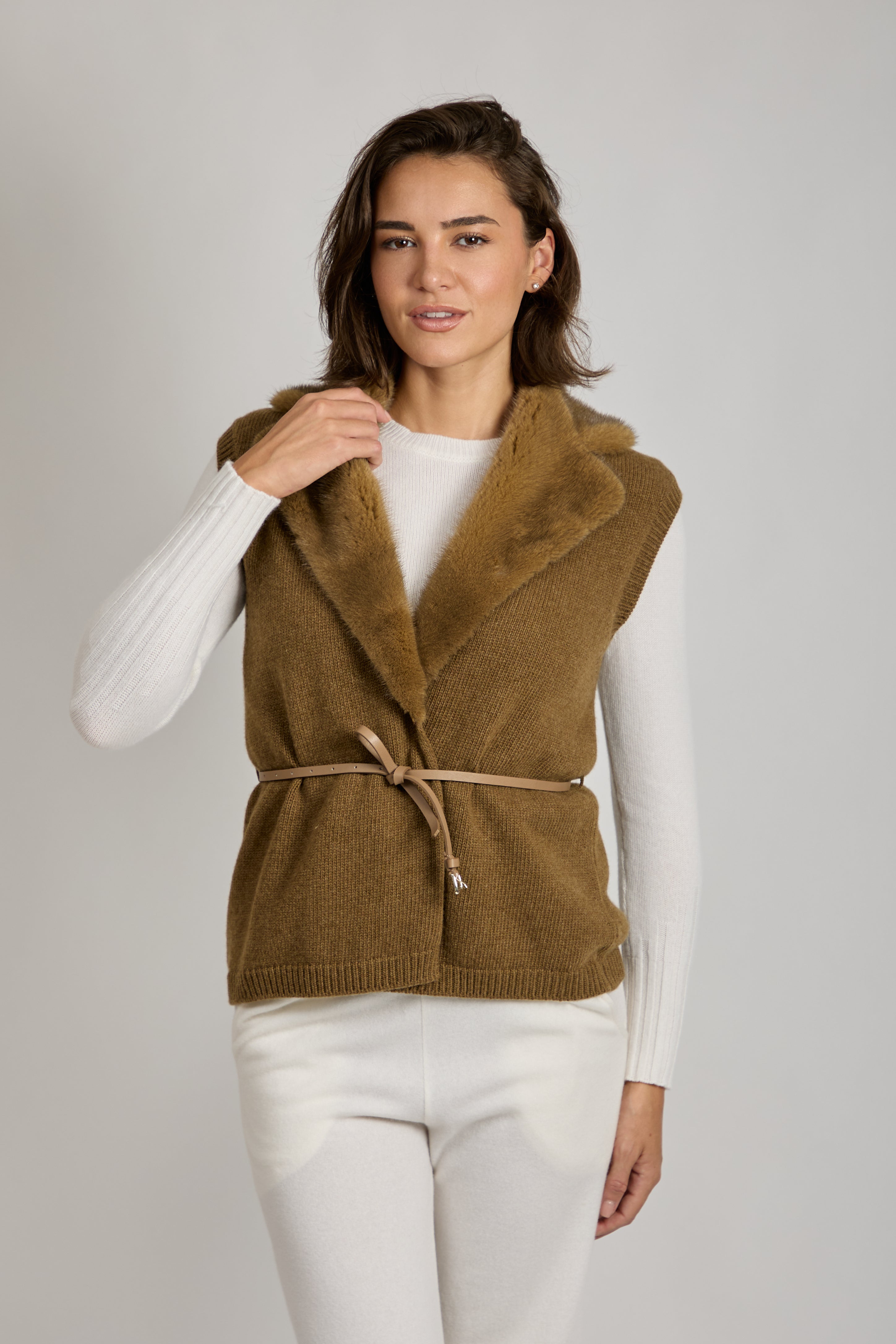 CASHMERE VEST WITH MINK COLLAR-BRONZE