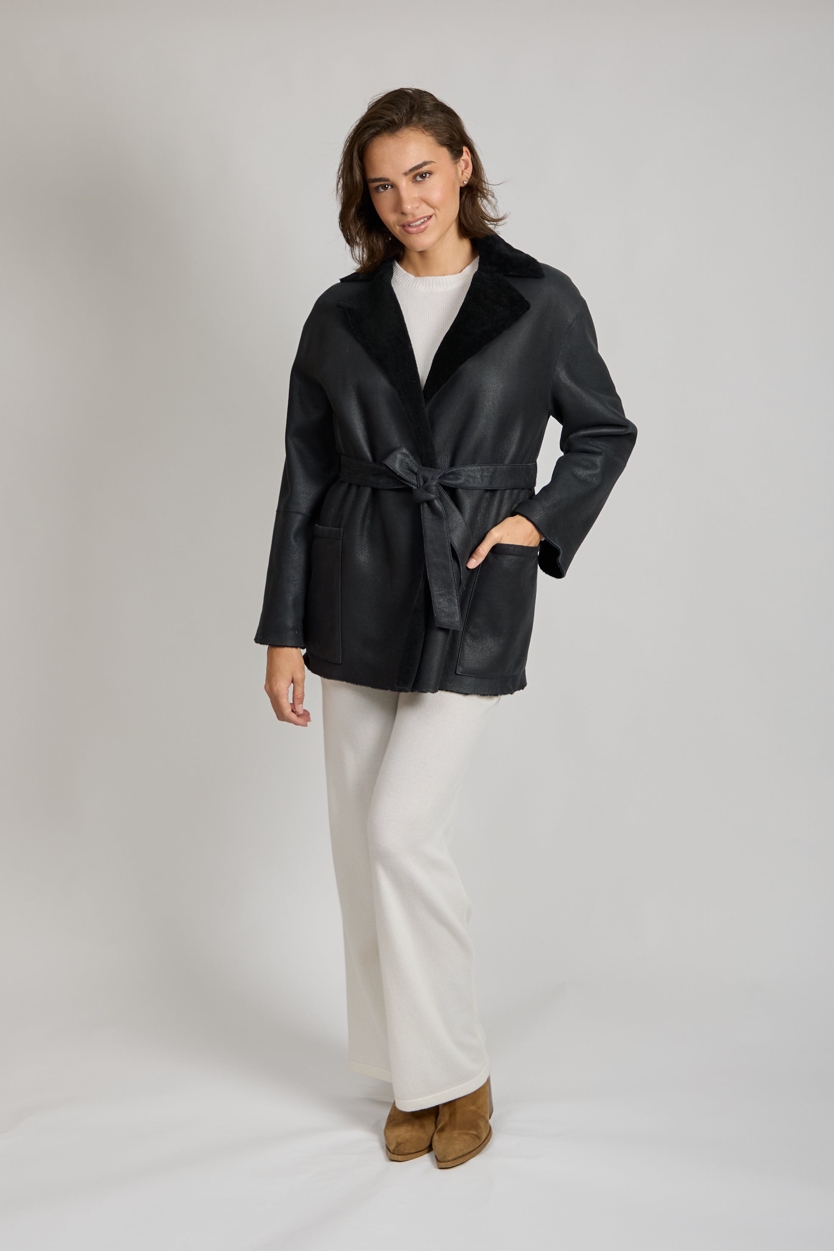 Blue Shearling Coat with Belt
