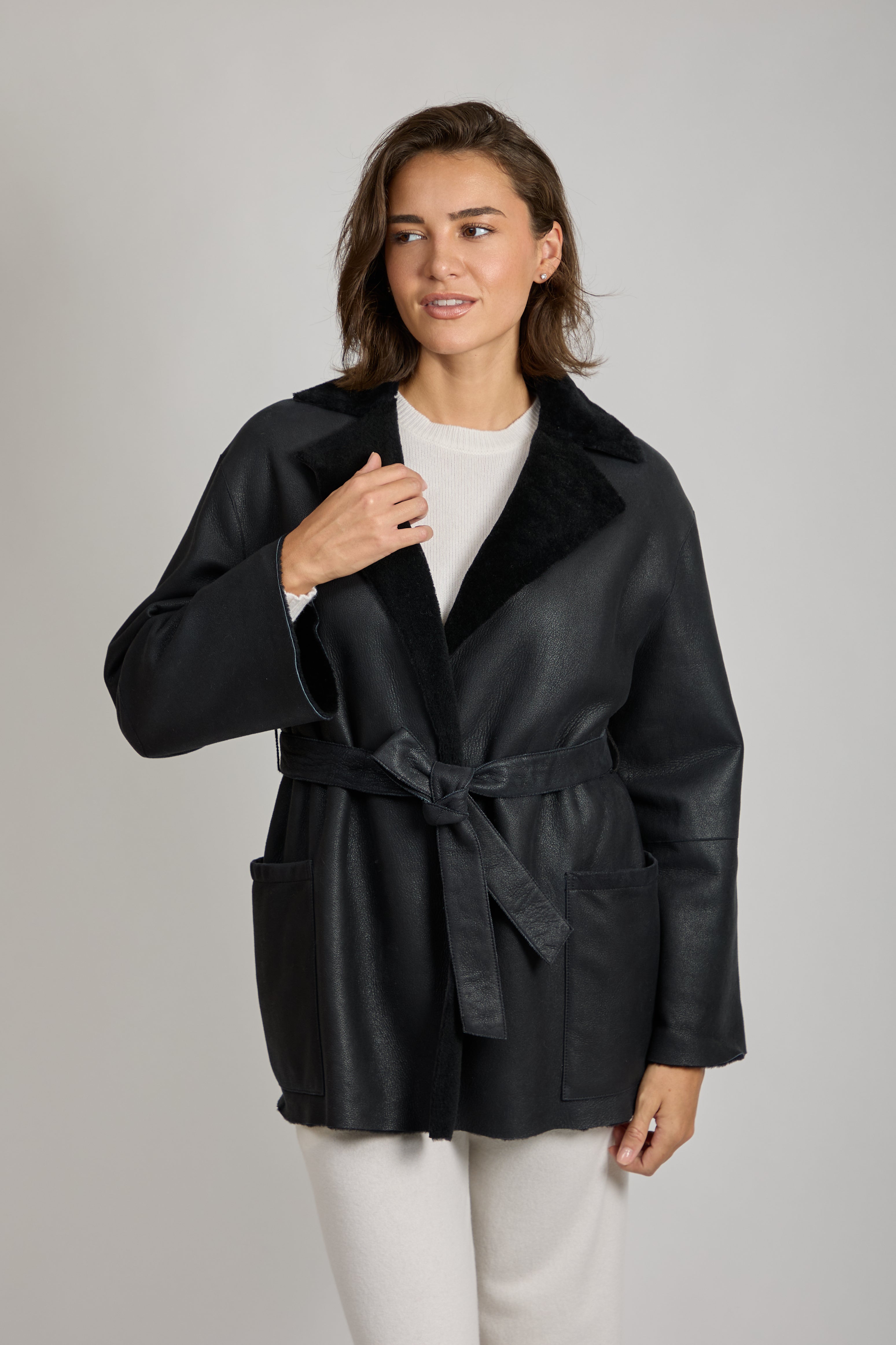 Blue Shearling Coat with Belt