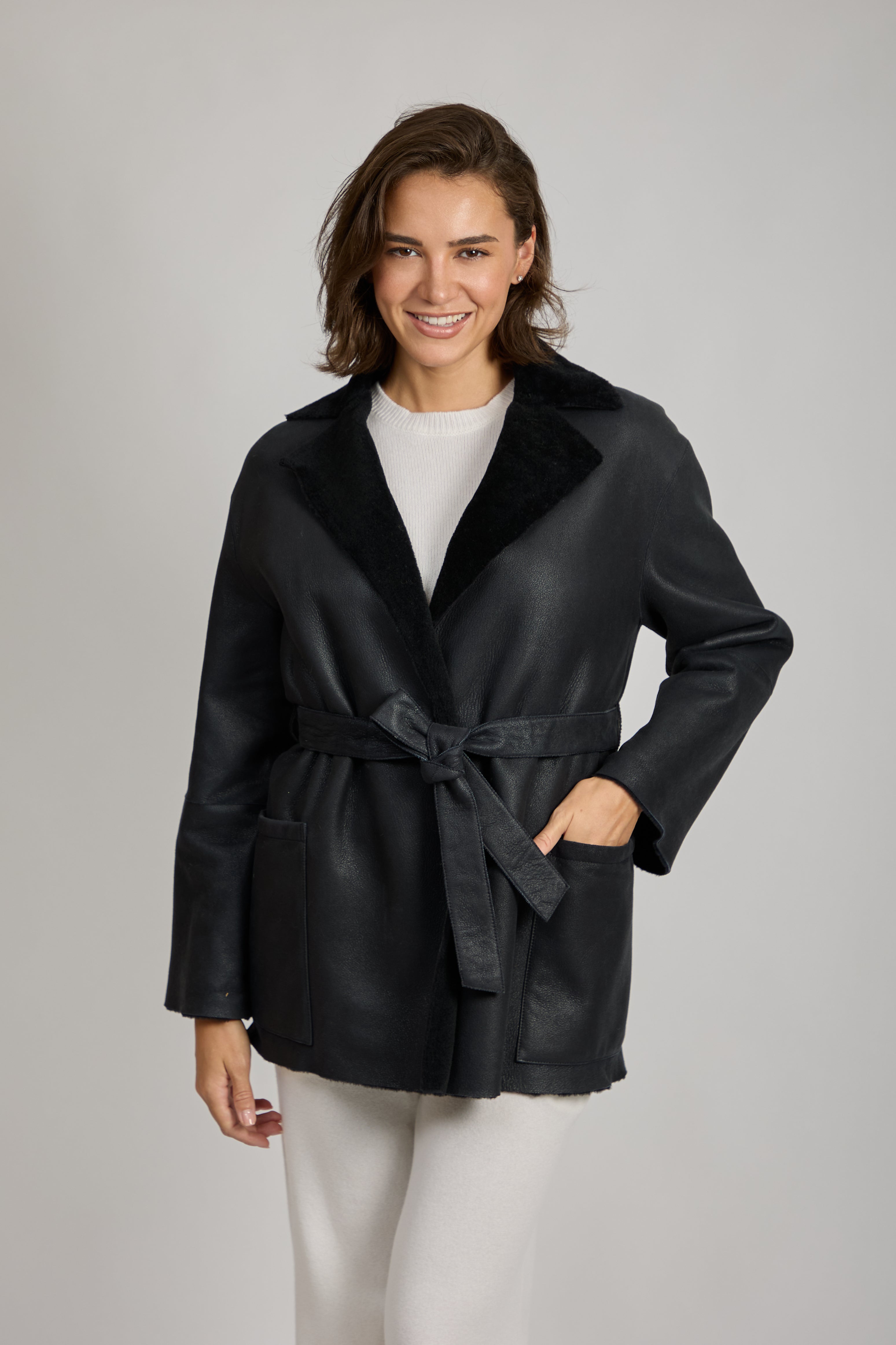 Blue Shearling Coat with Belt