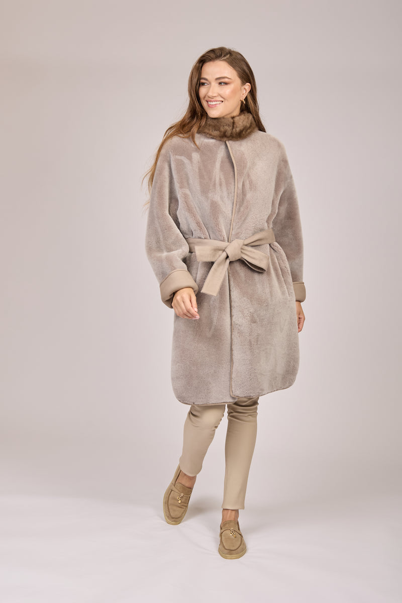 REVERSIBLE SUEDE SHEARLING COAT WITH SABLE-TAUPE