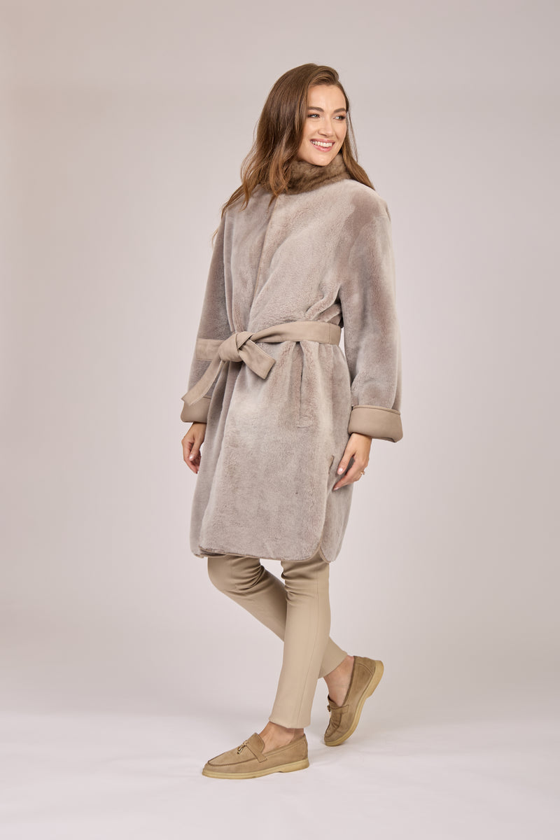 REVERSIBLE SUEDE SHEARLING COAT WITH SABLE-TAUPE