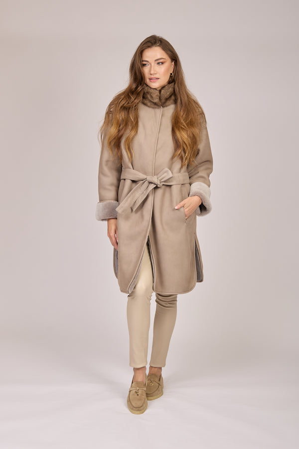 REVERSIBLE SUEDE SHEARLING COAT WITH SABLE-TAUPE