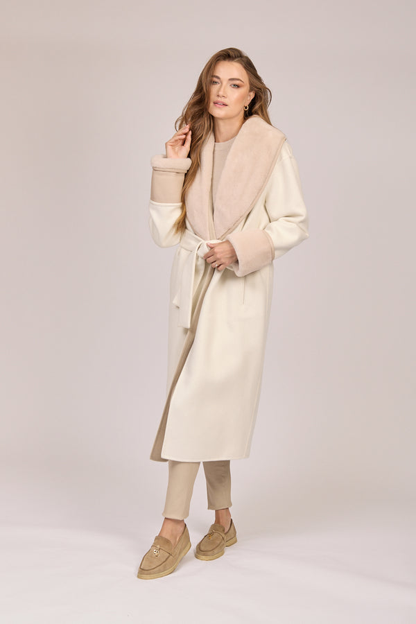 CASHMERE/SHEARLING COAT-SNOW SAND